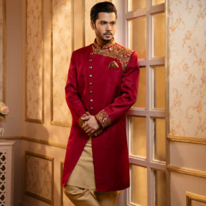 Men’s Maroon Color Bridal Sherwani with Pajama