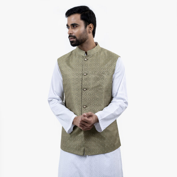 Premium Olive Color Printed Waistcoat by LUBNAN