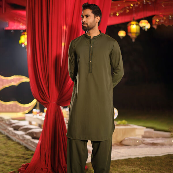 LUBNAN Men’s Slim Fit Forest Green color Kabli Set